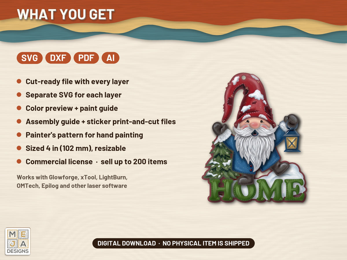 Gnome Lantern HOME Ornament laser cut file: what the download holds