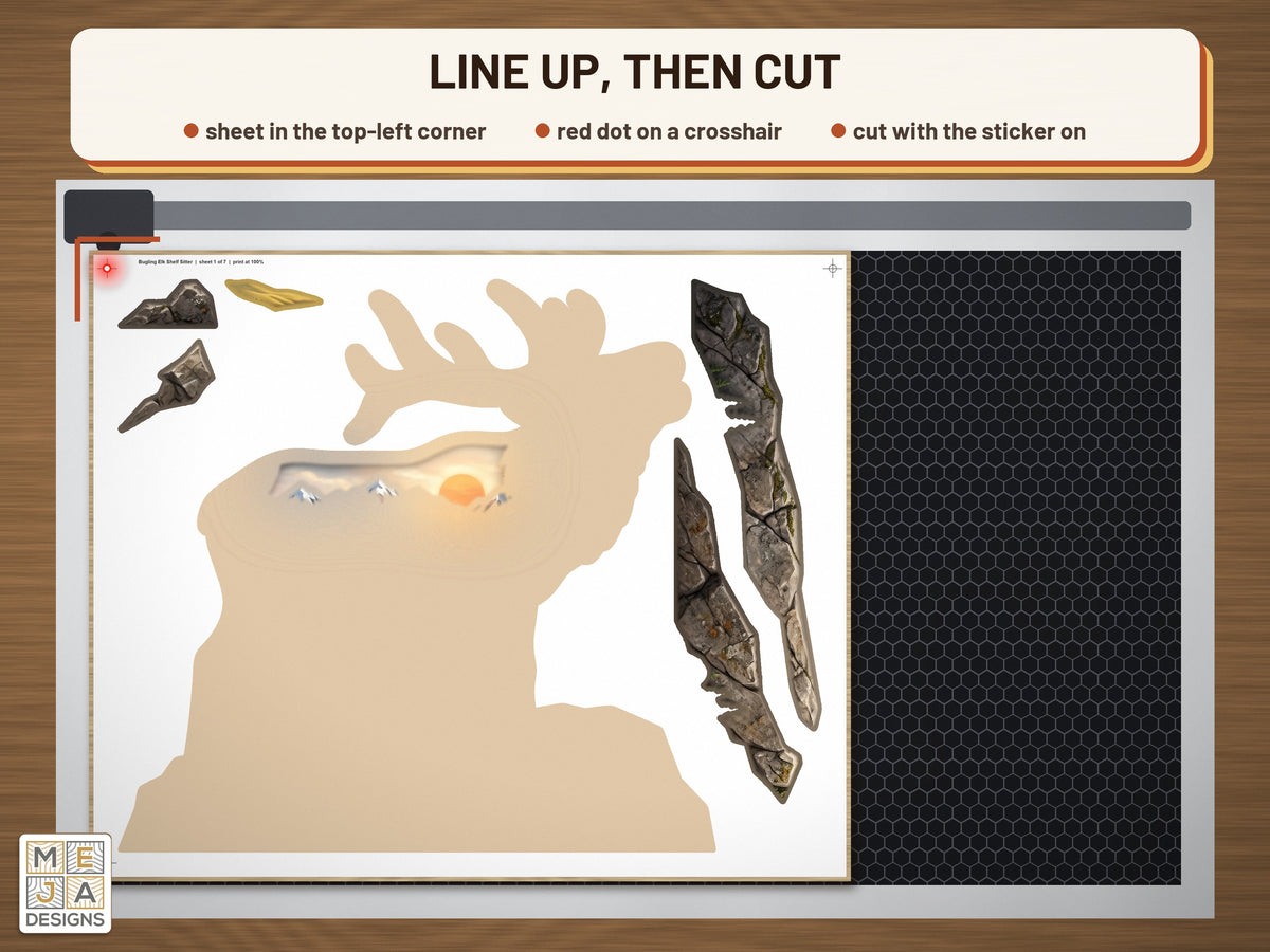 Bugling Elk Shelf Sitter sticker pack: the stickered board on a laser bed