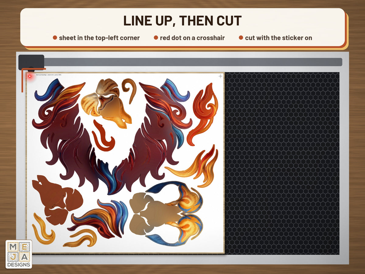 Swirl Lion Head Sign sticker pack: the stickered board on a laser bed