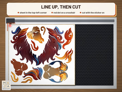 Swirl Lion Head Sign sticker pack: the stickered board on a laser bed
