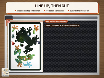 Red-Eyed Tree Frog Jungle sticker pack: the stickered board on a laser bed