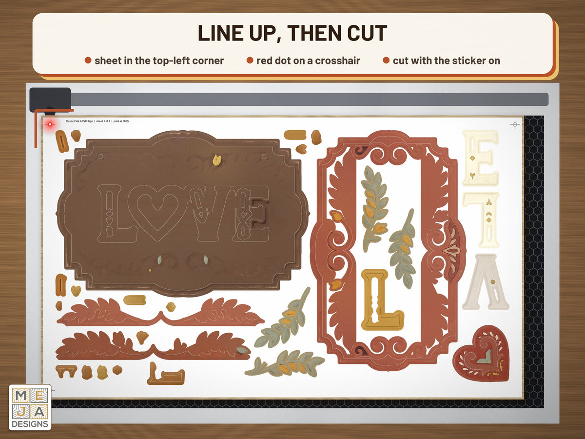 Rustic Folk LOVE Sign sticker pack: the stickered board on a laser bed
