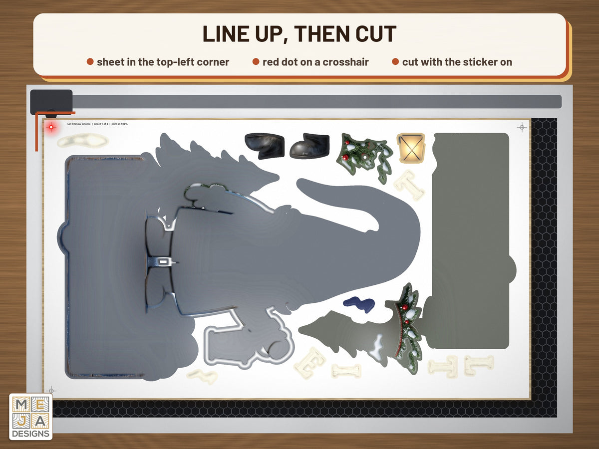 Let It Snow Gnome sticker pack: the stickered board on a laser bed