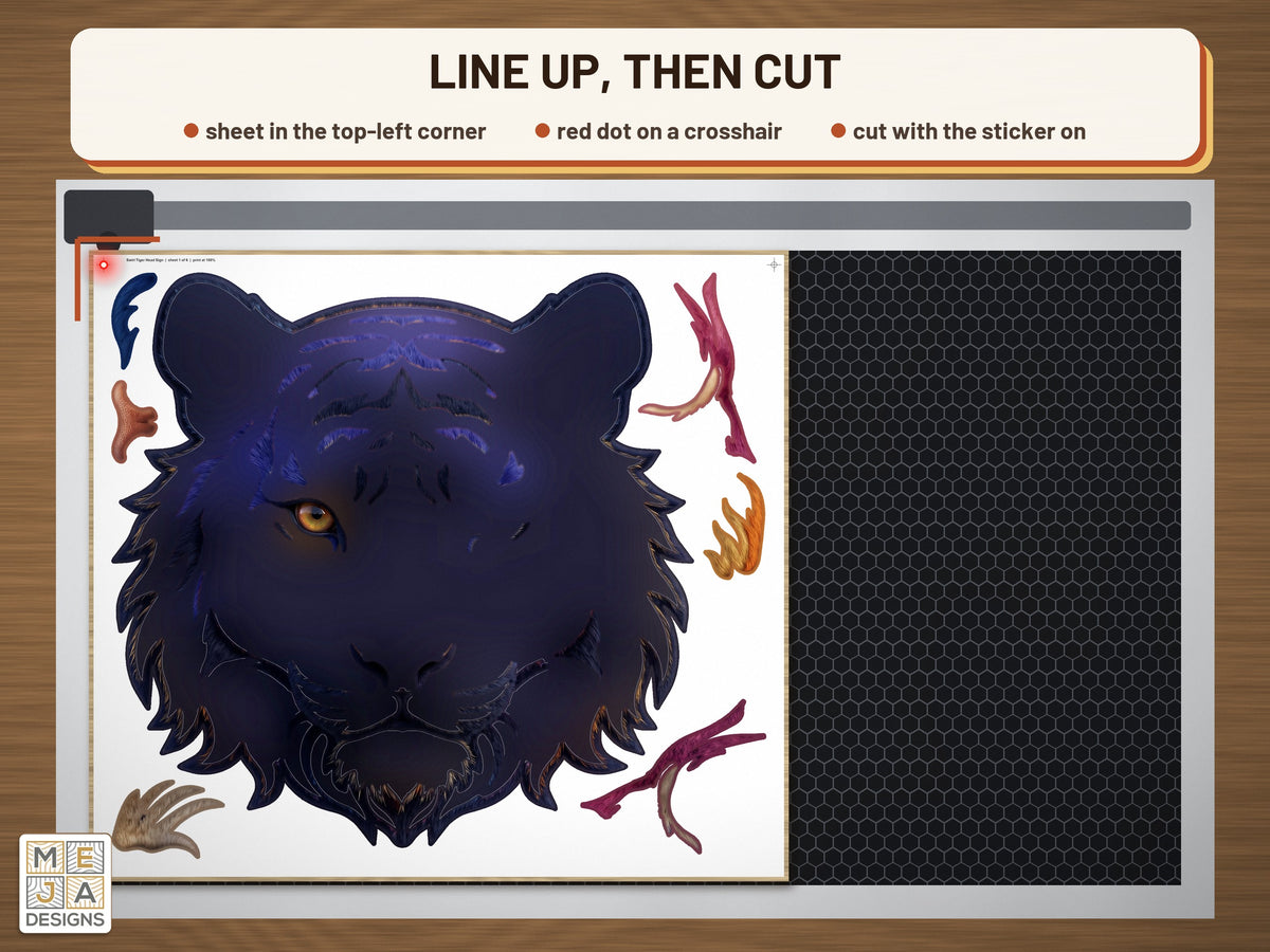 Swirl Tiger Head Sign sticker pack: the stickered board on a laser bed