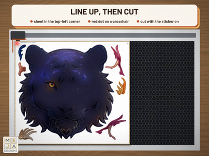 Swirl Tiger Head Sign sticker pack: the stickered board on a laser bed