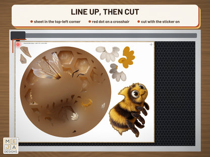 Honeycomb Bee Hanger sticker pack: the stickered board on a laser bed