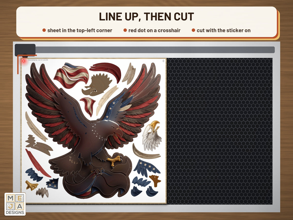 Patriotic Bald Eagle Sign sticker pack: the stickered board on a laser bed
