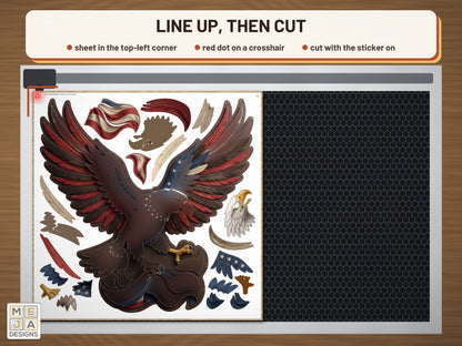 Patriotic Bald Eagle Sign sticker pack: the stickered board on a laser bed