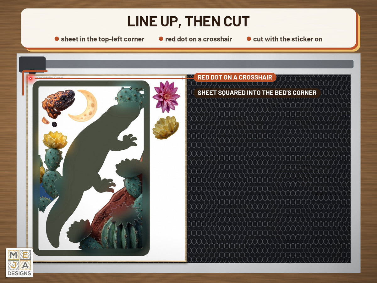 Gila Monster Desert Bloom sticker pack: the stickered board on a laser bed
