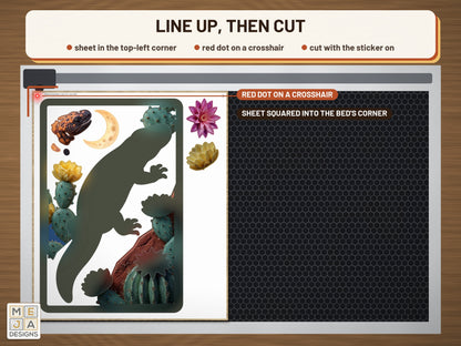Gila Monster Desert Bloom sticker pack: the stickered board on a laser bed