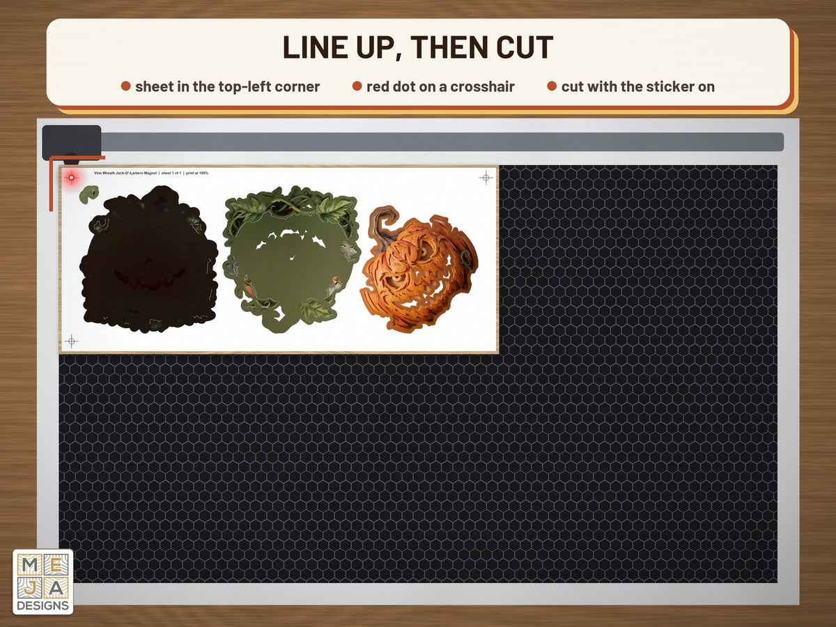 Vine Wreath Jack-O'-Lantern Magnet sticker pack: the stickered board on a laser bed