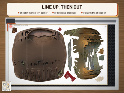 Rustic Bear Family Sign sticker pack: the stickered board on a laser bed