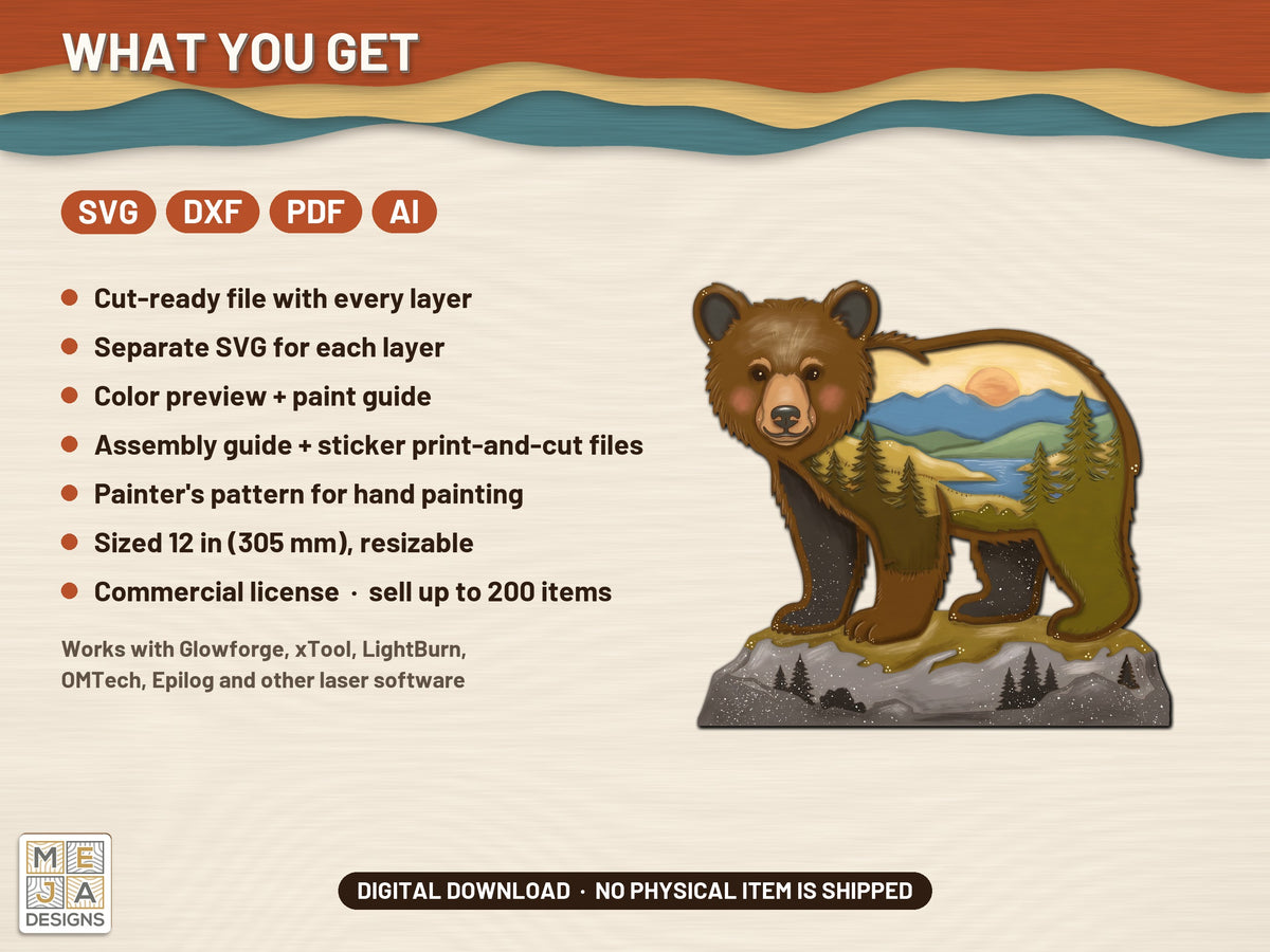Bear Cub Mountain Sitter laser cut file: what the download holds