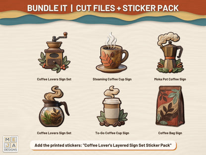 Coffee Lover's Layered Sign Set laser cut file: colored with its matching sticker pack