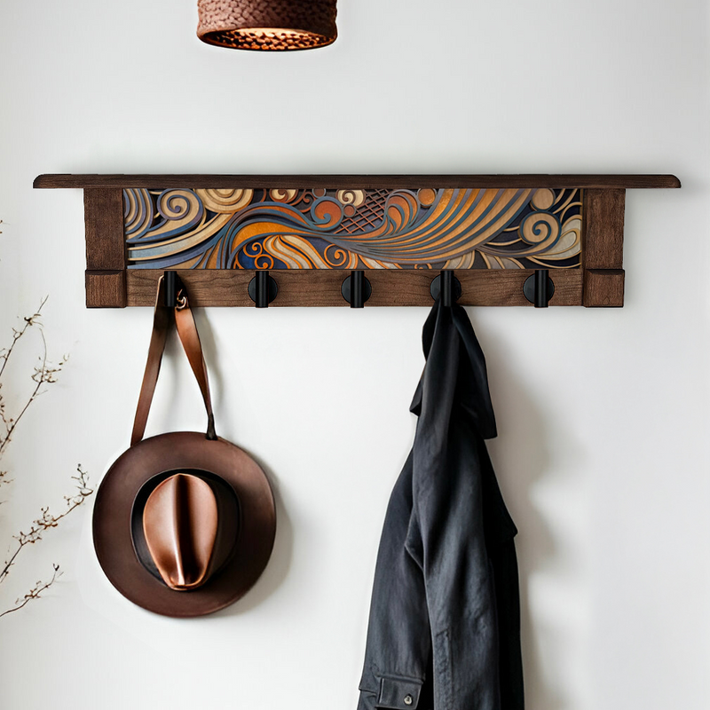Abstract Wave Blue Creme | Rustic Wall Coat Rack with Decorative Shelf | Entryway Organizer with Black Hooks | Handcrafted Wood Coat Hanger | Farmhouse Hallway Storage
