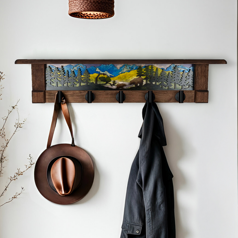 Late Summer Majesty Bear | Rustic Wall Coat Rack with Decorative Shelf | Entryway Organizer with Black Hooks | Handcrafted Wood Coat Hanger | Farmhouse Hallway Storage | Carved Blossom Lattice