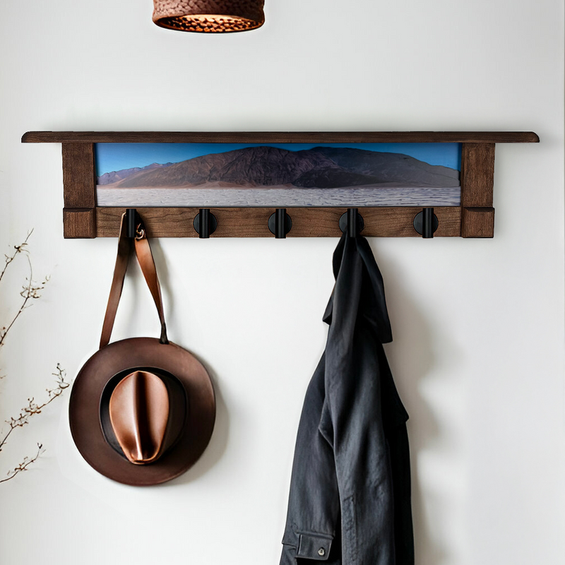 Death Valley Cracked Earth | Rustic Wall Coat Rack with Decorative Shelf | Entryway Organizer with Black Hooks | Handcrafted Wood Coat Hanger | Farmhouse Hallway Storage