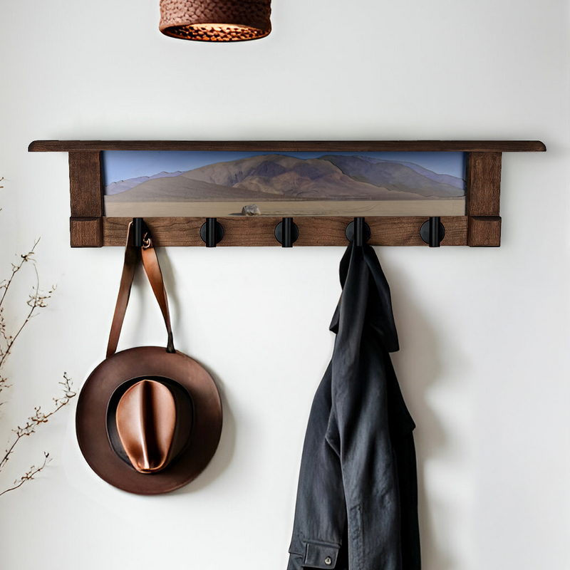 Death Valley Sailing Stones | Rustic Wall Coat Rack with Decorative Shelf | Entryway Organizer with Black Hooks | Handcrafted Wood Coat Hanger | Farmhouse Hallway Storage