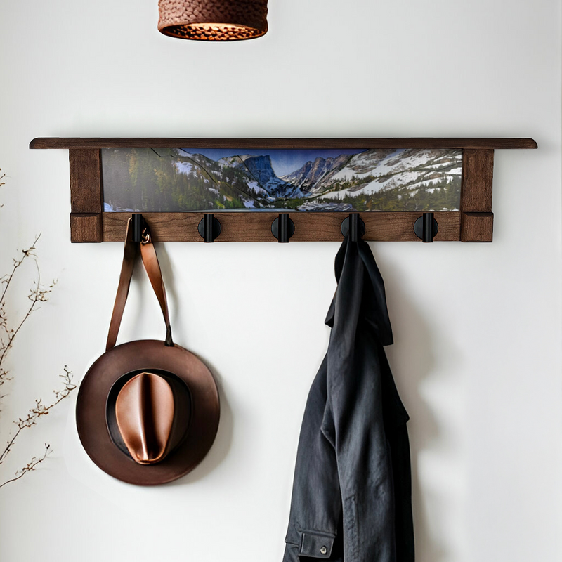 Rocky Mountains Wintertime | Rustic Wall Coat Rack with Decorative Shelf | Entryway Organizer with Black Hooks | Handcrafted Wood Coat Hanger | Farmhouse Hallway Storage