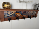 Abstract Wave Blue Creme | Rustic Wall Coat Rack with Decorative Shelf | Entryway Organizer with Black Hooks | Handcrafted Wood Coat Hanger | Farmhouse Hallway Storage