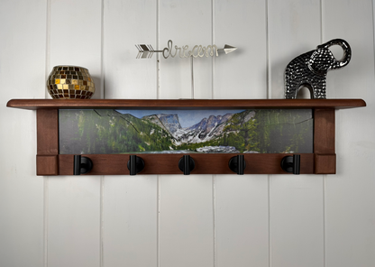 Rocky Mountains Summertime | Rustic Wall Coat Rack with Decorative Shelf | Entryway Organizer with Black Hooks | Handcrafted Wood Coat Hanger | Farmhouse Hallway Storage