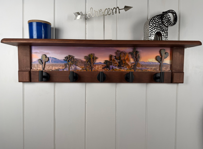 Joshua Tree Sunset | Rustic Wall Coat Rack with Decorative Shelf | Entryway Organizer with Black Hooks | Handcrafted Wood Coat Hanger | Farmhouse Hallway Storage