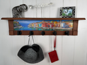 Seaside Village Harbor | Rustic Wall Coat Rack with Decorative Shelf | Entryway Organizer with Black Hooks | Handcrafted Wood Coat Hanger | Farmhouse Hallway Storage