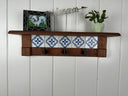 Rustic Cherry Wood Coat Rack with Decorative Tile Shelf & Black Hooks