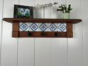 Rustic Cherry Wood Coat Rack with Decorative Tile Shelf & Black Hooks