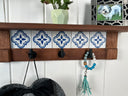 Rustic Cherry Wood Coat Rack with Decorative Tile Shelf & Black Hooks