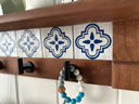 Rustic Cherry Wood Coat Rack with Decorative Tile Shelf & Black Hooks