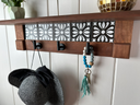 Rustic Cherry Wood Coat Rack with Decorative Tile Shelf & Black Hooks