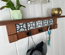 Rustic Cherry Wood Coat Rack with Decorative Tile Shelf & Black Hooks