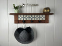 Rustic Cherry Wood Coat Rack with Decorative Tile Shelf & Black Hooks