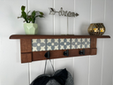 Rustic Cherry Wood Coat Rack with Decorative Tile Shelf & Black Hooks