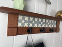 Rustic Cherry Wood Coat Rack with Decorative Tile Shelf & Black Hooks
