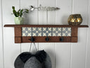 Rustic Cherry Wood Coat Rack with Decorative Tile Shelf & Black Hooks