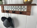 Rustic Cherry Wood Coat Rack with Decorative Tile Shelf & Black Hooks