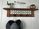 Rustic Cherry Wood Coat Rack with Decorative Tile Shelf & Black Hooks