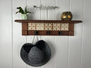 Rustic Cherry Wood Coat Rack with Decorative Tile Shelf & Black Hooks