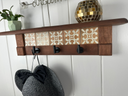Rustic Cherry Wood Coat Rack with Decorative Tile Shelf & Black Hooks
