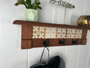 Rustic Cherry Wood Coat Rack with Decorative Tile Shelf & Black Hooks