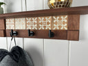 Rustic Cherry Wood Coat Rack with Decorative Tile Shelf & Black Hooks