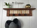 Rustic Cherry Wood Coat Rack with Decorative Tile Shelf & Black Hooks