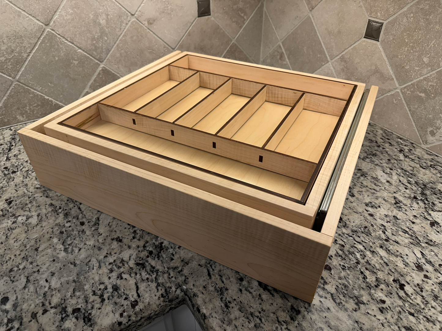 Drawer | Maple, Half Blind Dovetails, 5/8" Sides, 1/4" Birch Ply Bottom, Clear Coated, Double Drawer, Insert Dividers