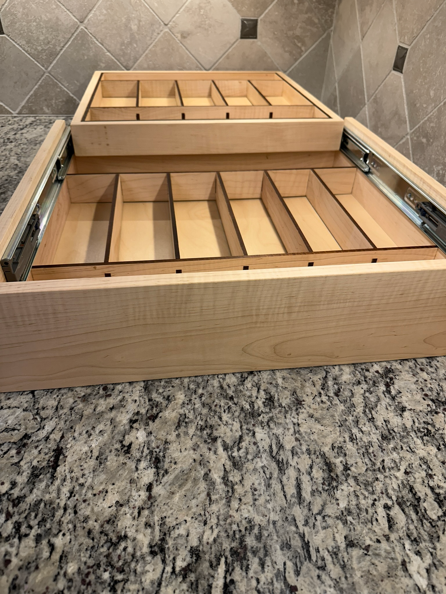 Drawer | Maple, Half Blind Dovetails, 5/8" Sides, 1/4" Birch Ply Bottom, Clear Coated, Double Drawer, Insert Dividers