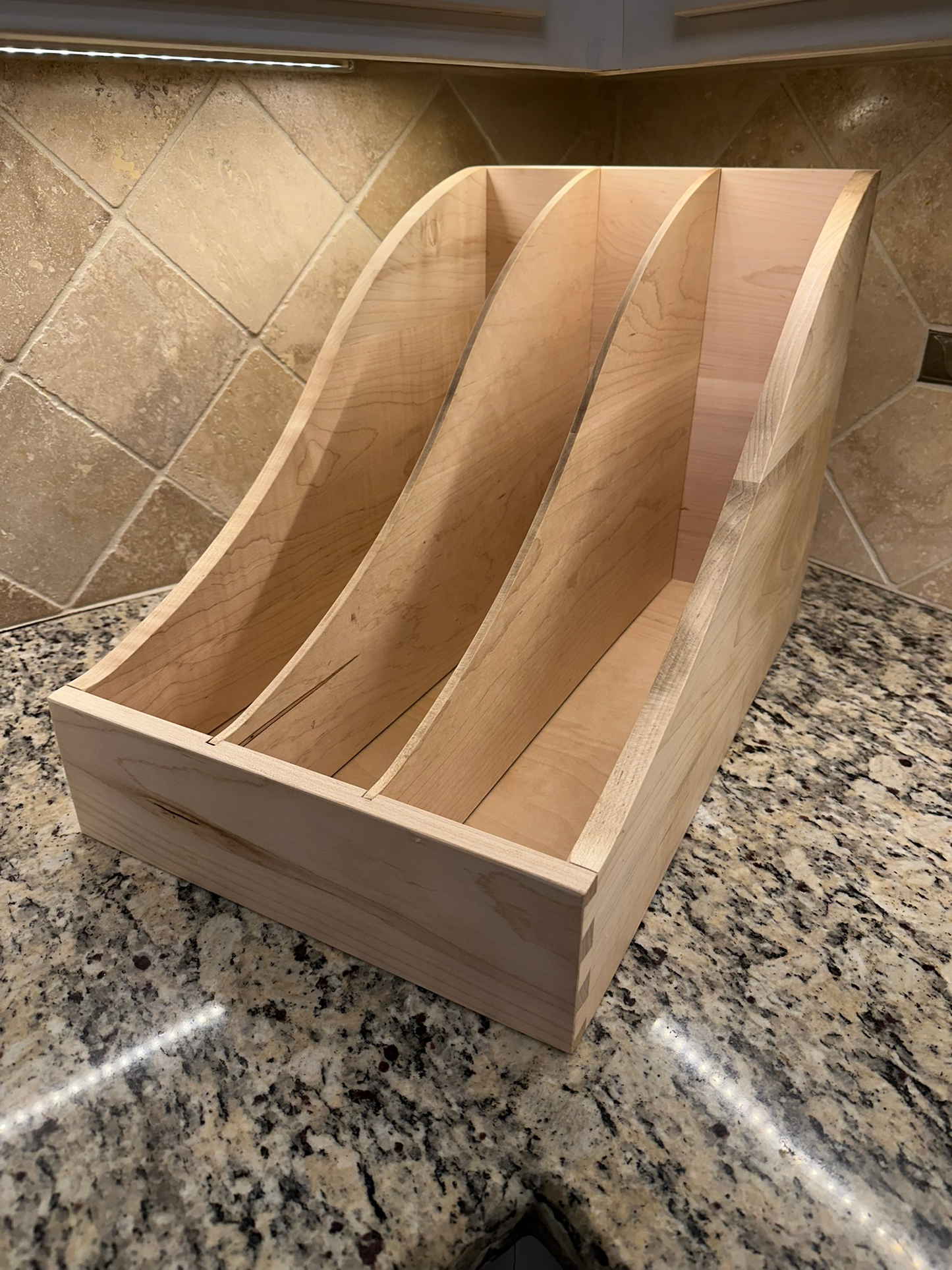 Drawer | Maple, Half Blind Dovetail, 5/8" Sides, 1/4" Birch Ply Bottom, Clear Coated, Scooped Front, Front to Back Dividers
