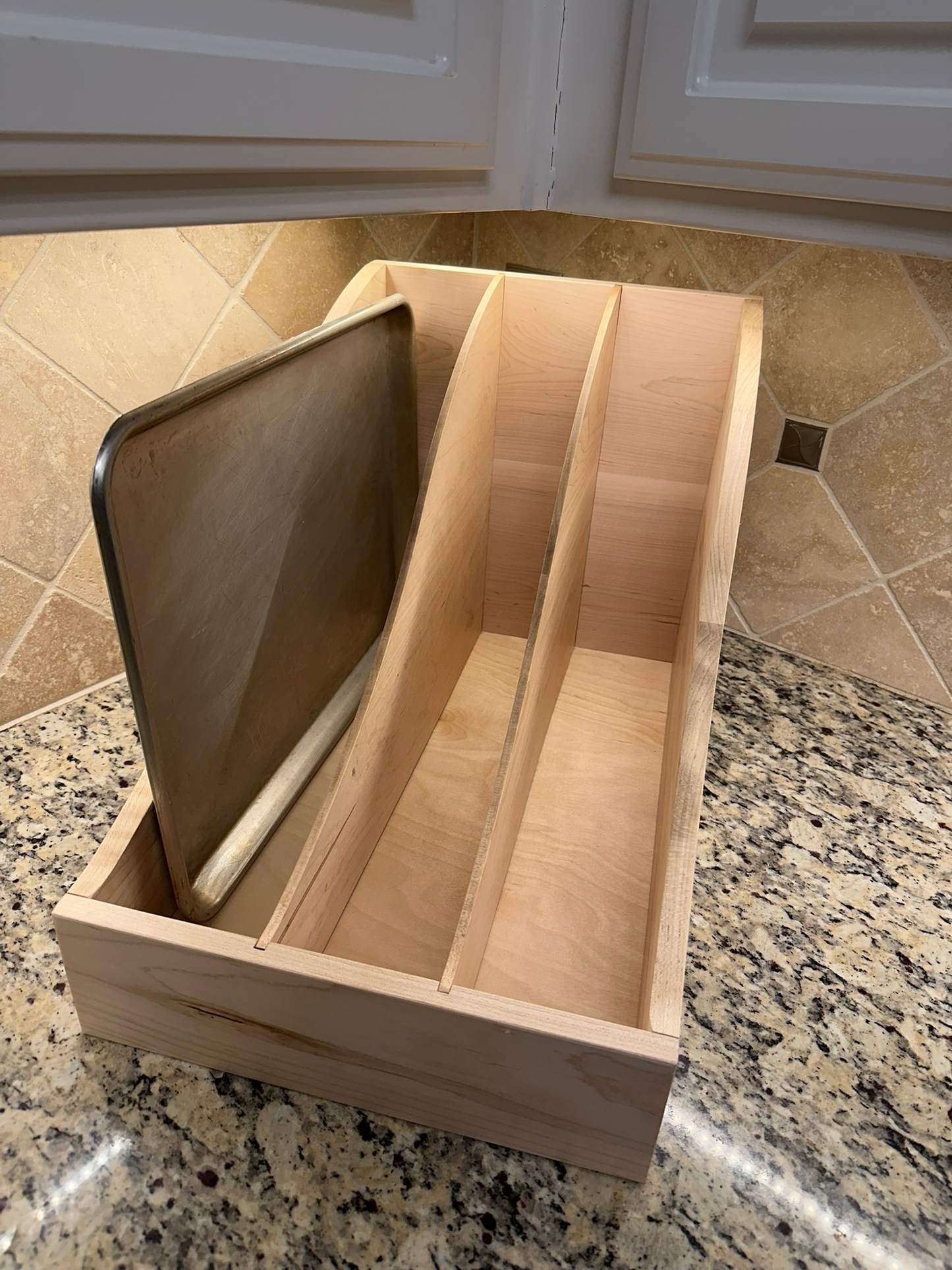 Drawer | Maple, Half Blind Dovetail, 5/8" Sides, 1/4" Birch Ply Bottom, Clear Coated, Scooped Front, Front to Back Dividers
