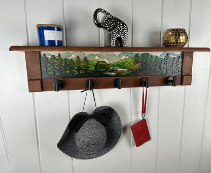 Late Spring Renewal Bear | Rustic Wall Coat Rack with Decorative Shelf | Entryway Organizer with Black Hooks | Handcrafted Wood Coat Hanger | Farmhouse Hallway Storage