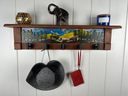 Late Summer Majesty Bear | Rustic Wall Coat Rack with Decorative Shelf | Entryway Organizer with Black Hooks | Handcrafted Wood Coat Hanger | Farmhouse Hallway Storage | Carved Blossom Lattice